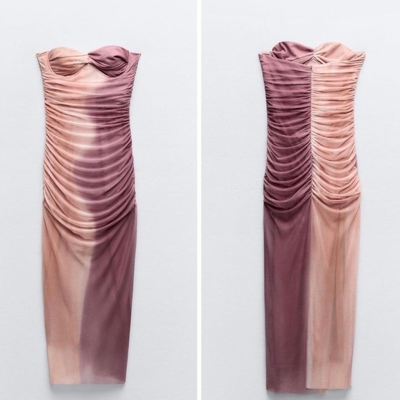 ZARA Sleeveless Split Tone Tie Dye Pink Coral Tulle Dress NWT Size Large - Picture 7 of 16